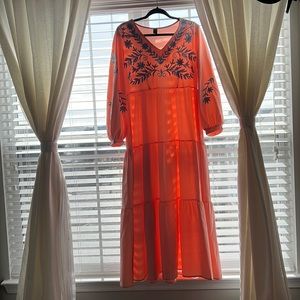 Light pink with sky blue embroidery tiered maxi dress size L.